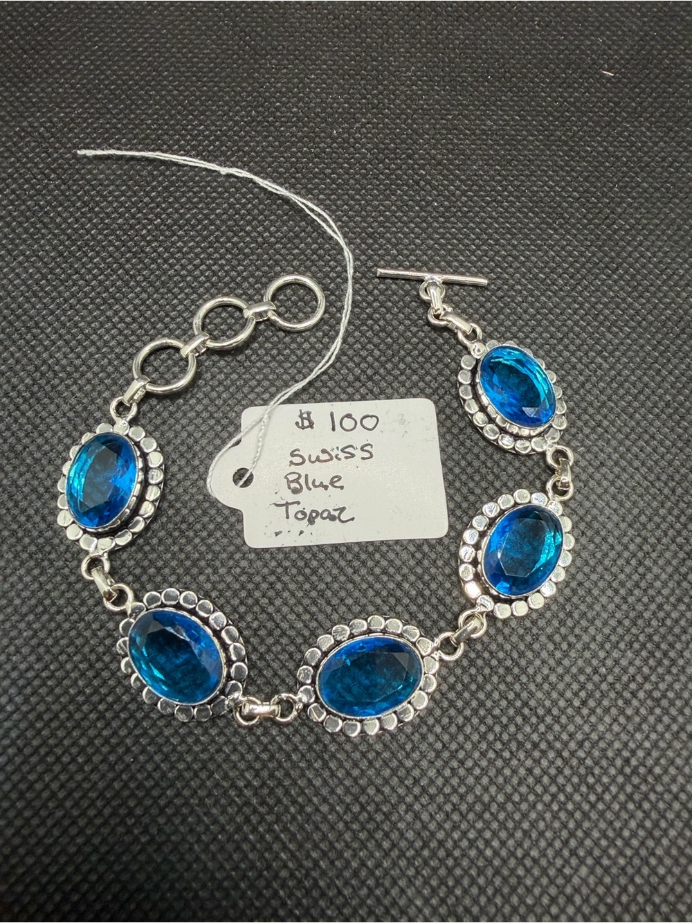 Swiss Blue Topaz Oval Link Adjustable Sterling Silver Bracelet 6”-7.5” - Blue